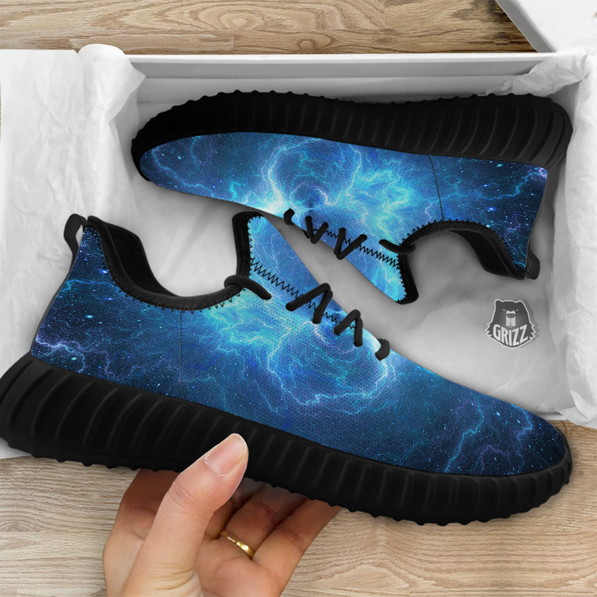 Blue Glowing Giant Lightning In Space Print Black Walking Shoes-grizzshop