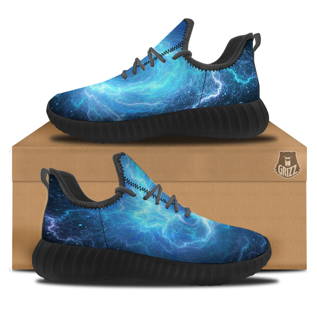 Blue Glowing Giant Lightning In Space Print Black Walking Shoes-grizzshop