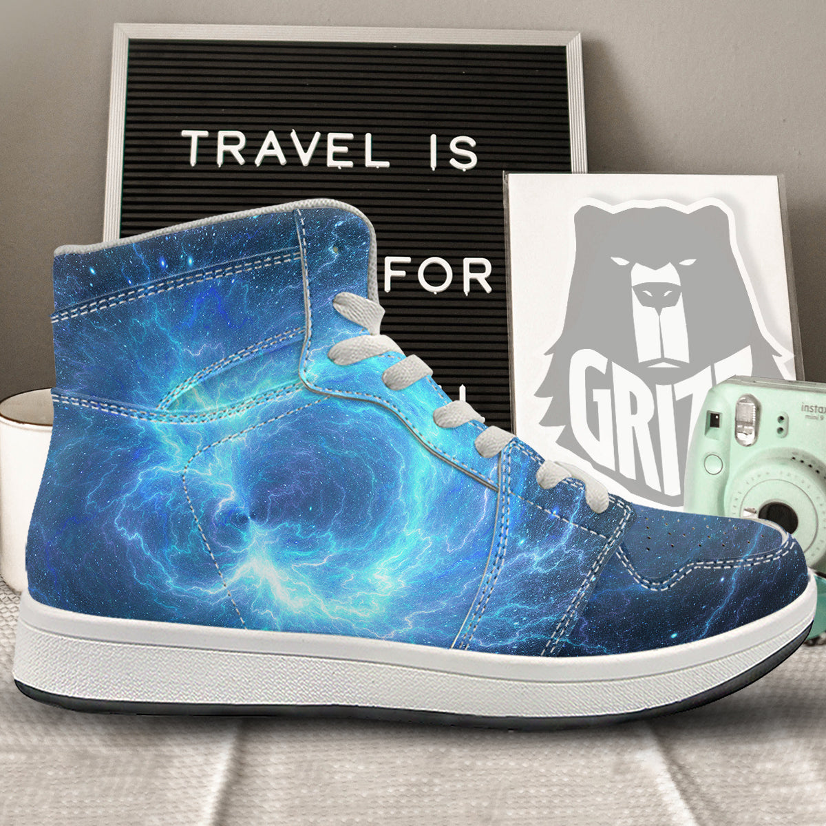 Blue Glowing Giant Lightning In Space Print High Top Sneakers-grizzshop