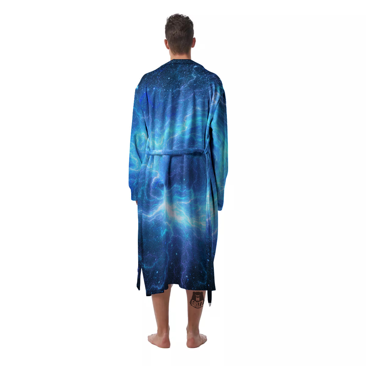 Blue Glowing Giant Lightning In Space Print Men's Robe-grizzshop