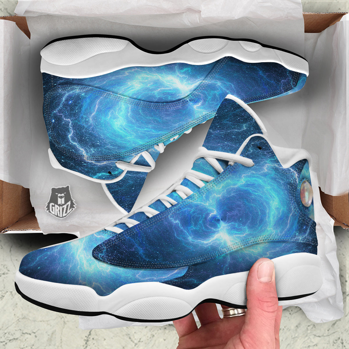 Blue Glowing Giant Lightning In Space Print White Basketball Shoes-grizzshop