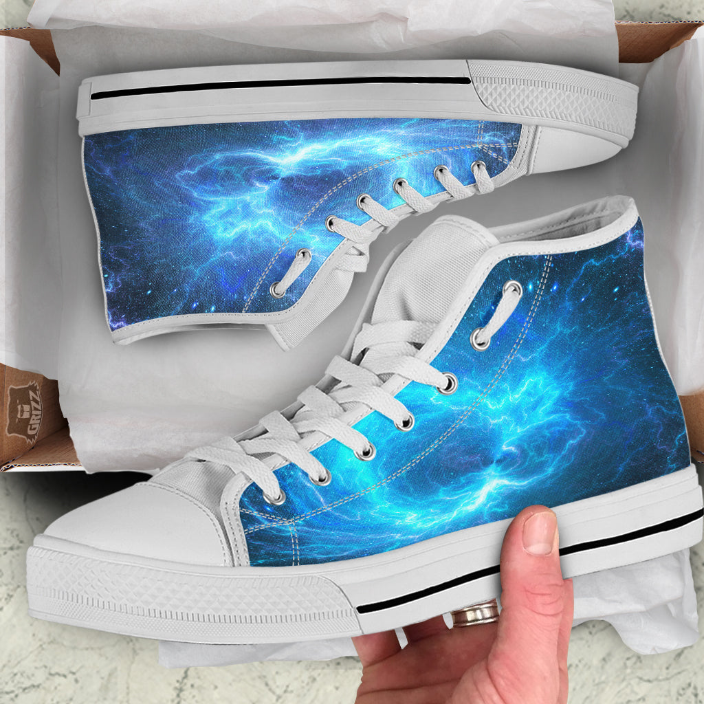 Blue Glowing Giant Lightning In Space Print White High Top Shoes-grizzshop