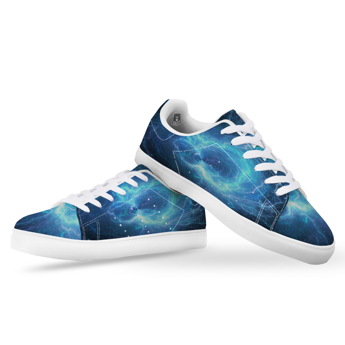 Blue Glowing Giant Lightning In Space Print White Low Top Sneakers-grizzshop