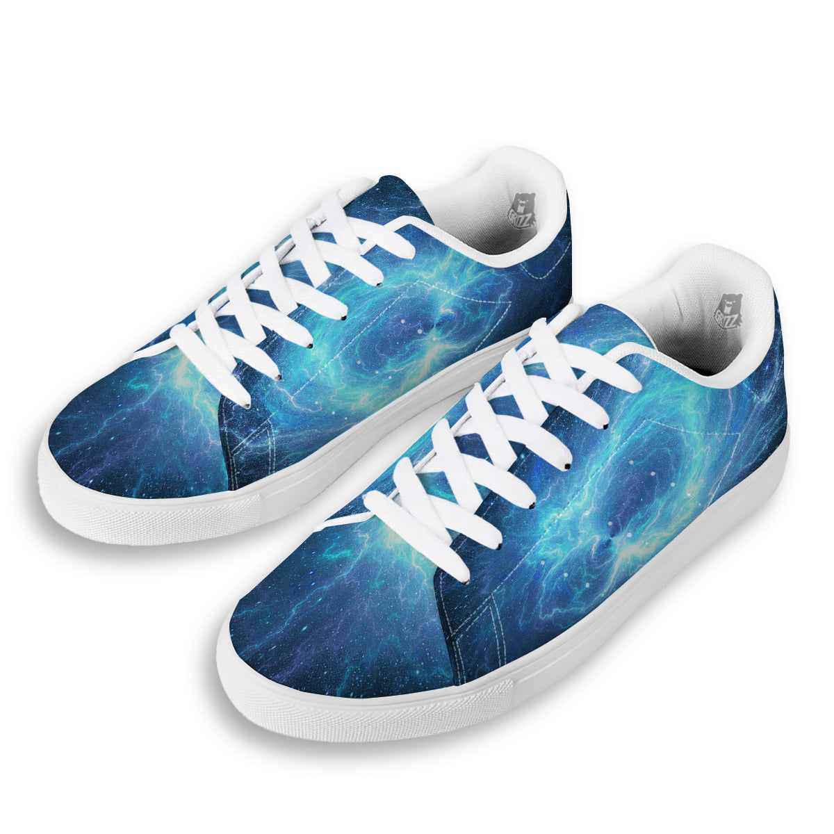 Blue Glowing Giant Lightning In Space Print White Low Top Sneakers-grizzshop