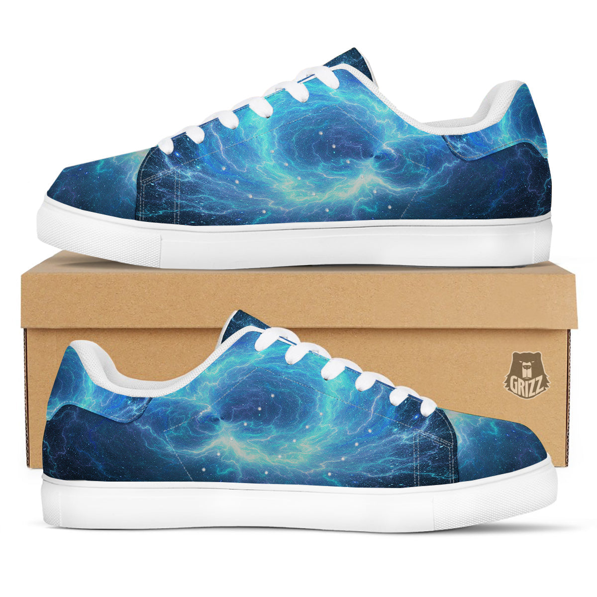 Blue Glowing Giant Lightning In Space Print White Low Top Sneakers-grizzshop