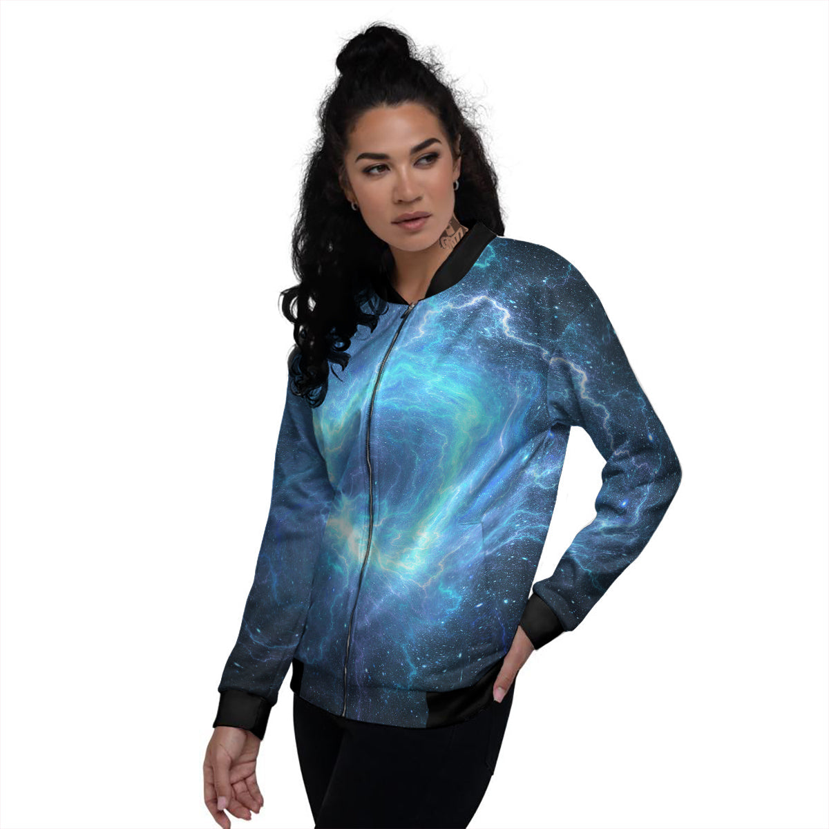 Blue Glowing Giant Lightning In Space Print Women's Bomber Jacket-grizzshop