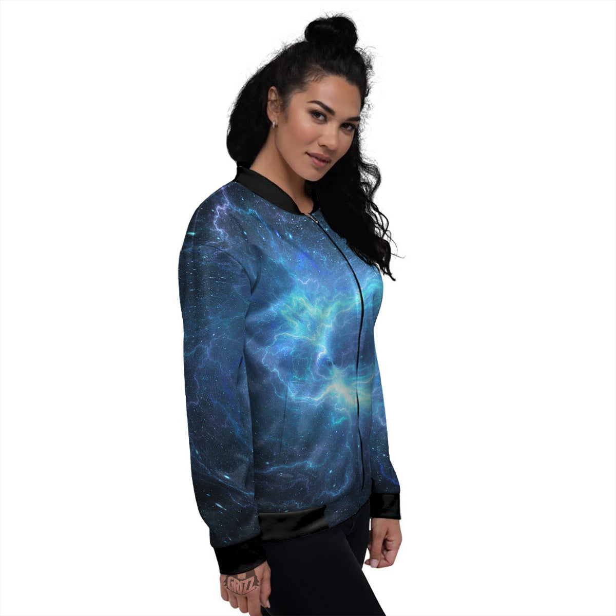 Blue Glowing Giant Lightning In Space Print Women's Bomber Jacket-grizzshop