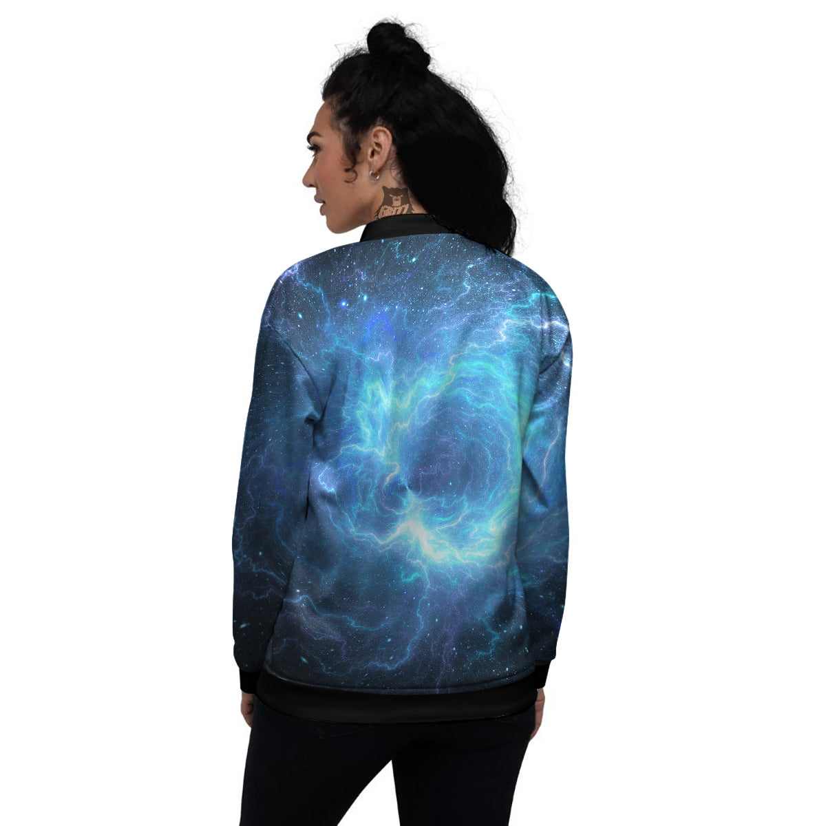 Blue Glowing Giant Lightning In Space Print Women's Bomber Jacket-grizzshop