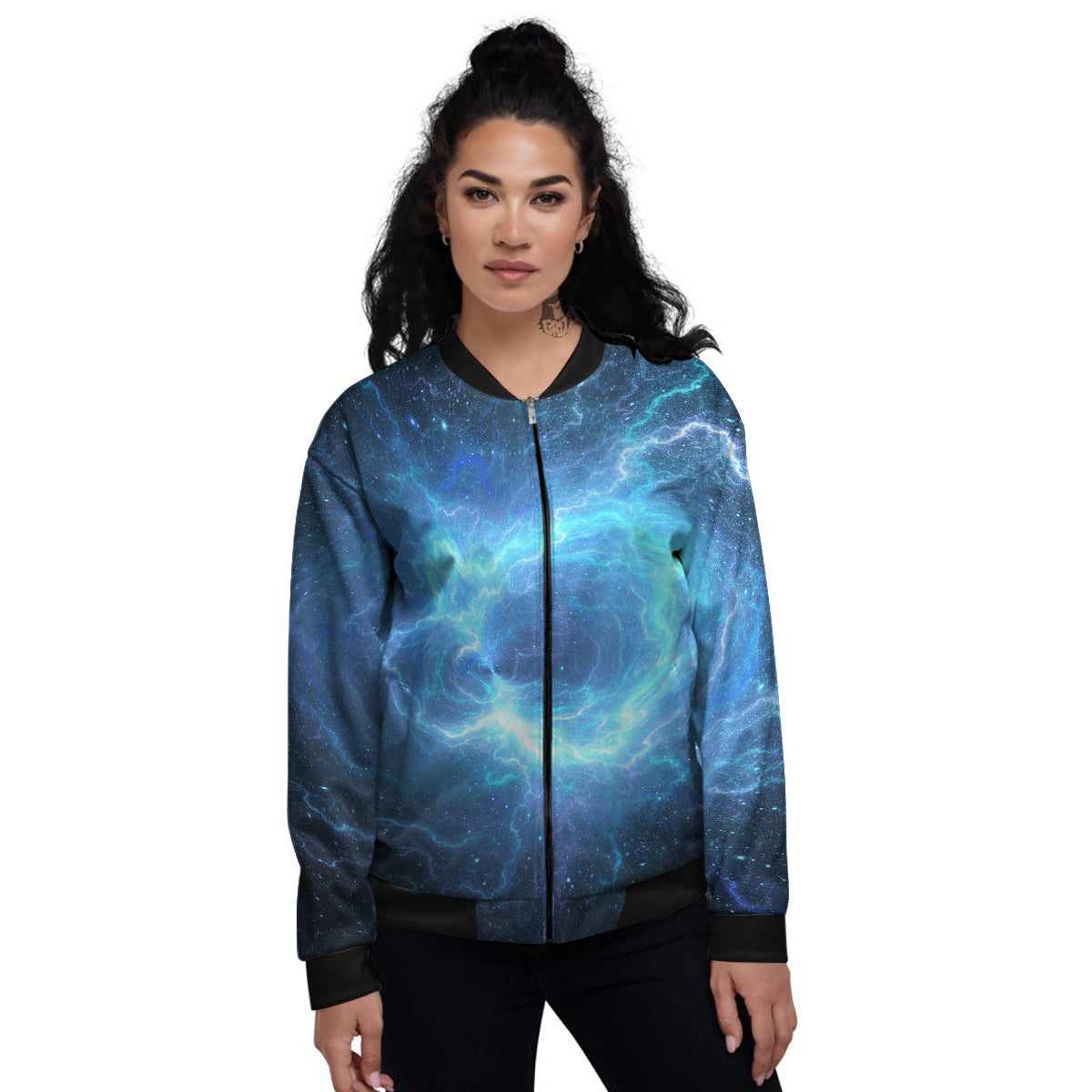 Blue Glowing Giant Lightning In Space Print Women's Bomber Jacket-grizzshop