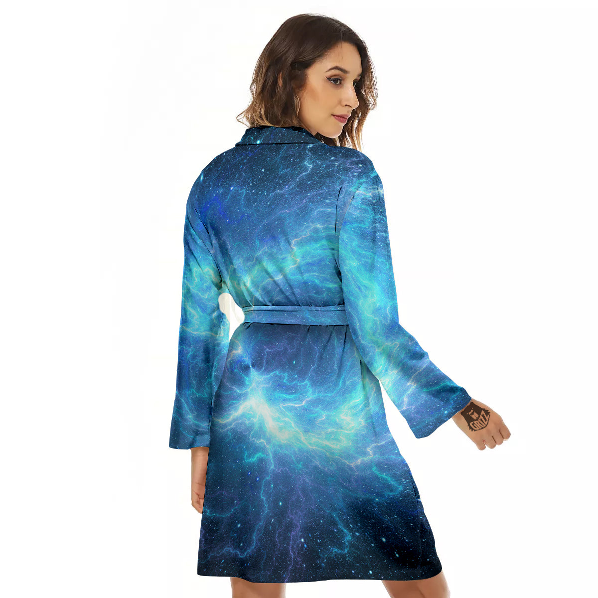 Blue Glowing Giant Lightning In Space Print Women's Robe-grizzshop
