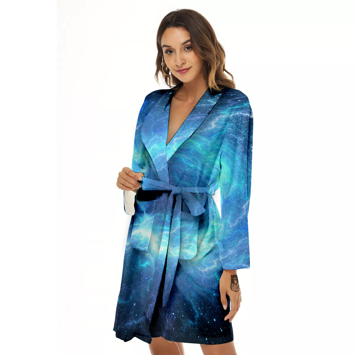 Blue Glowing Giant Lightning In Space Print Women's Robe-grizzshop