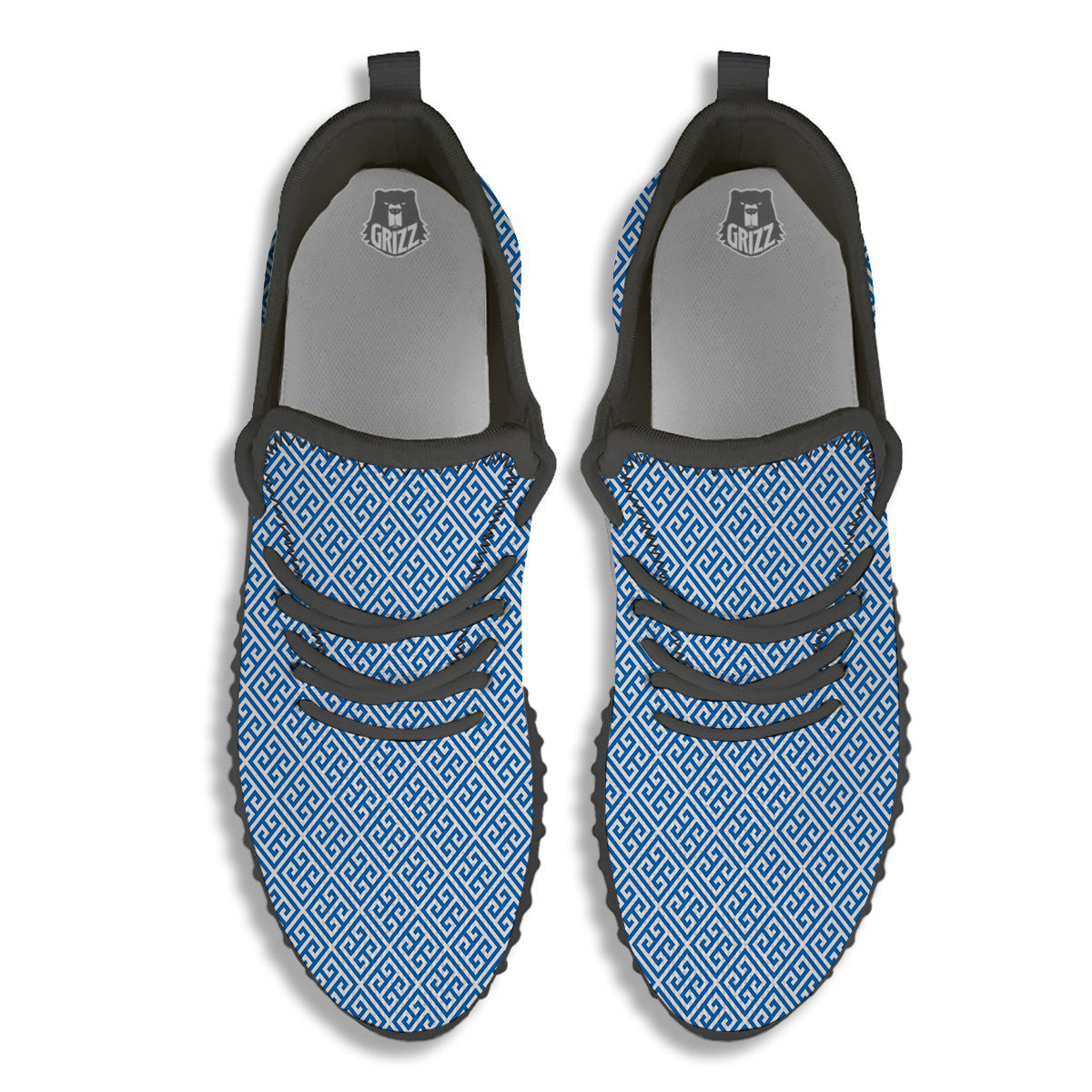 Blue Greek Key Print Pattern Black Walking Shoes-grizzshop