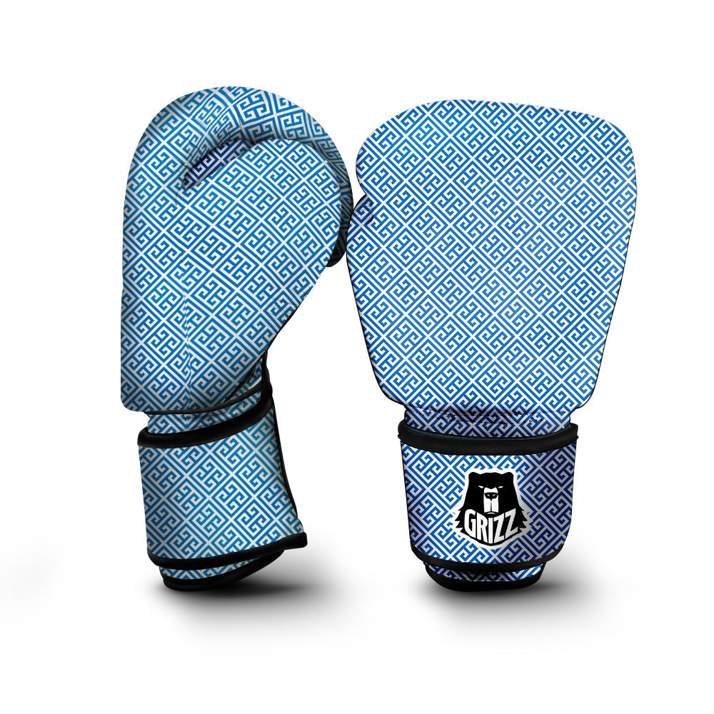 Blue Greek Key Print Pattern Boxing Gloves-grizzshop