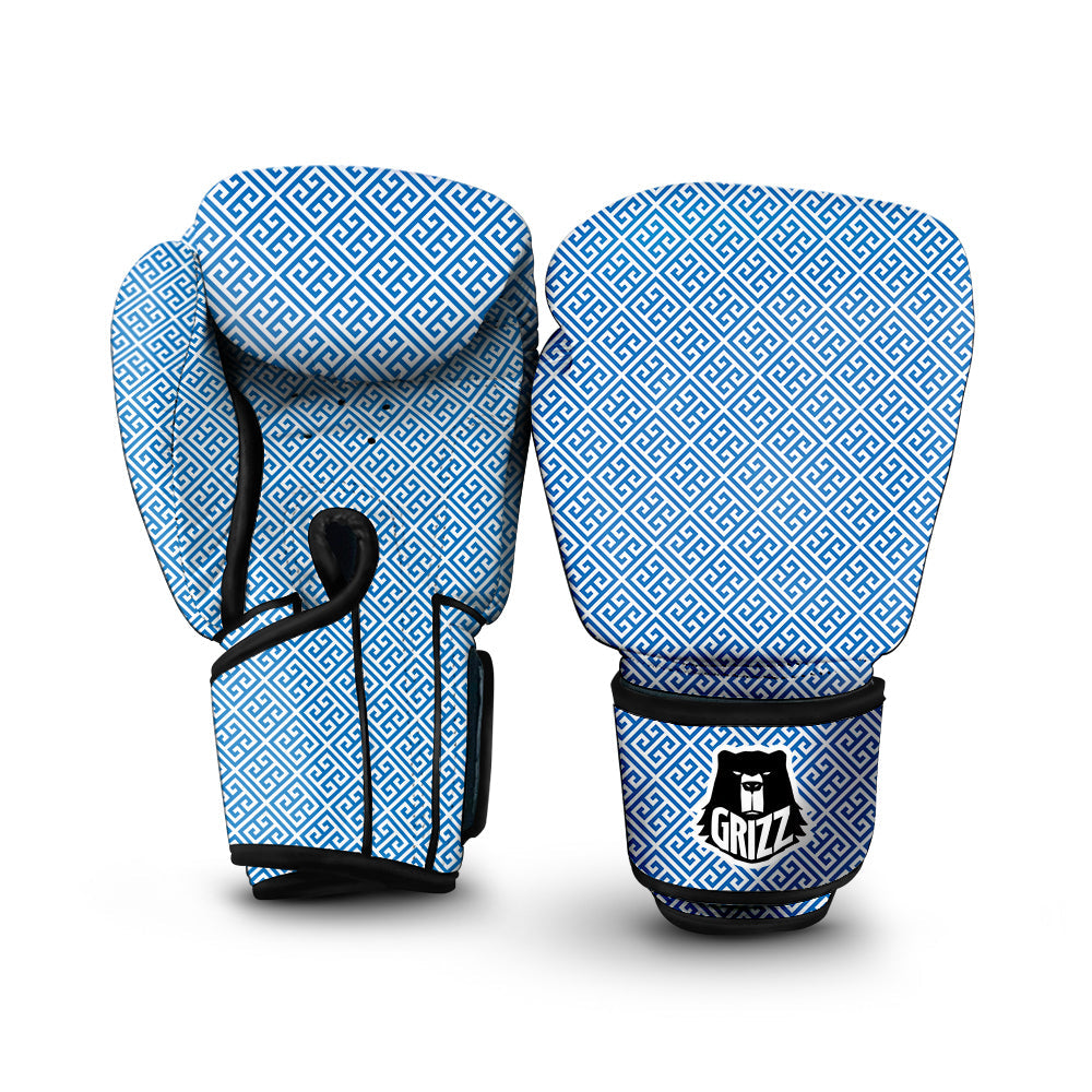 Blue Greek Key Print Pattern Boxing Gloves-grizzshop