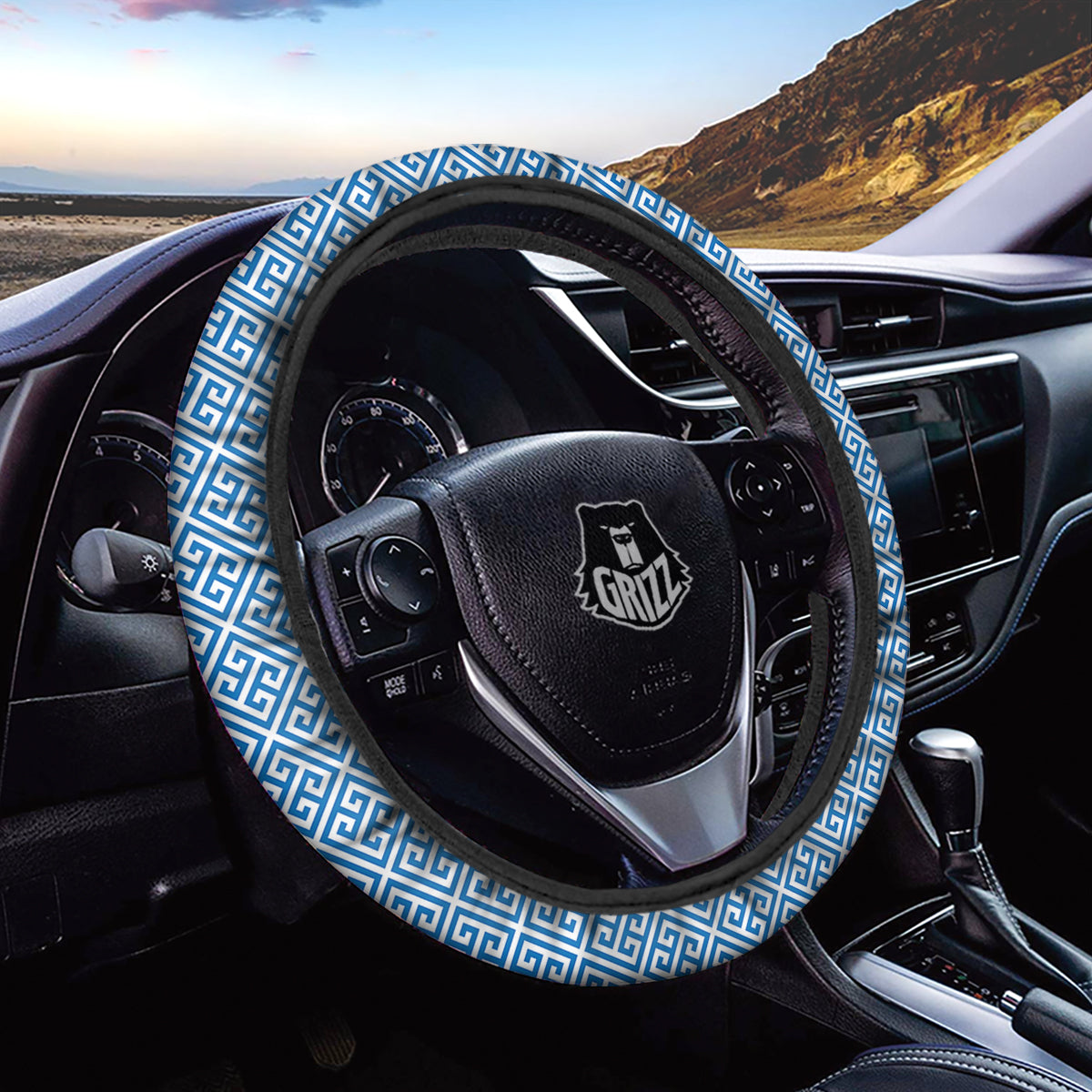 Blue Greek Key Print Pattern Car Steering Wheel Cover-grizzshop