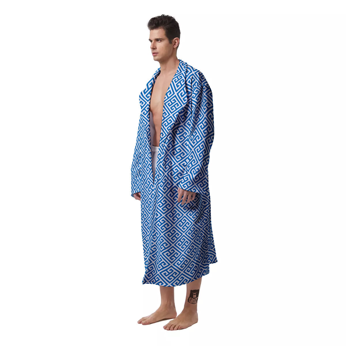 Blue Greek Key Print Pattern Men's Robe-grizzshop