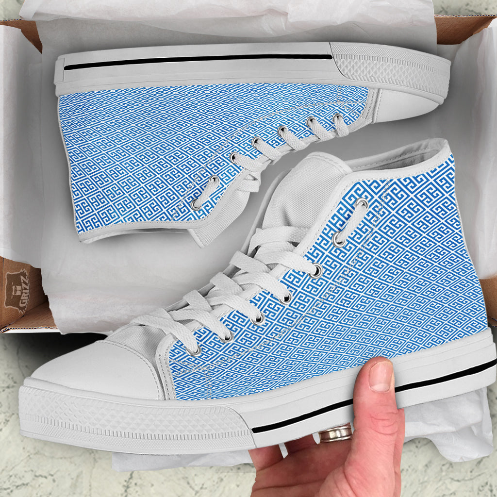 Blue Greek Key Print Pattern White High Top Shoes-grizzshop