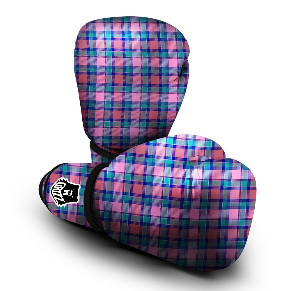 Blue Green And Pink Tartan Print Pattern Boxing Gloves-grizzshop