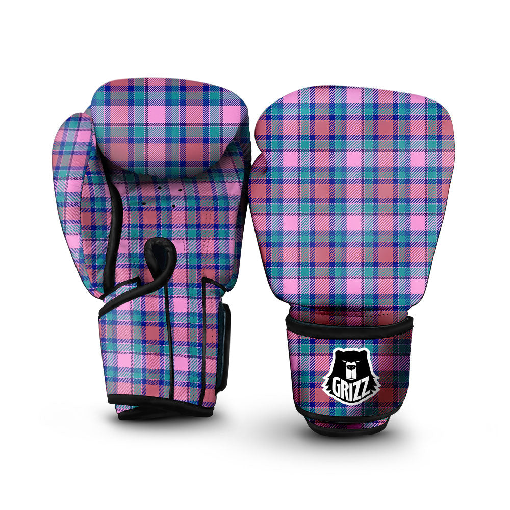 Blue Green And Pink Tartan Print Pattern Boxing Gloves-grizzshop