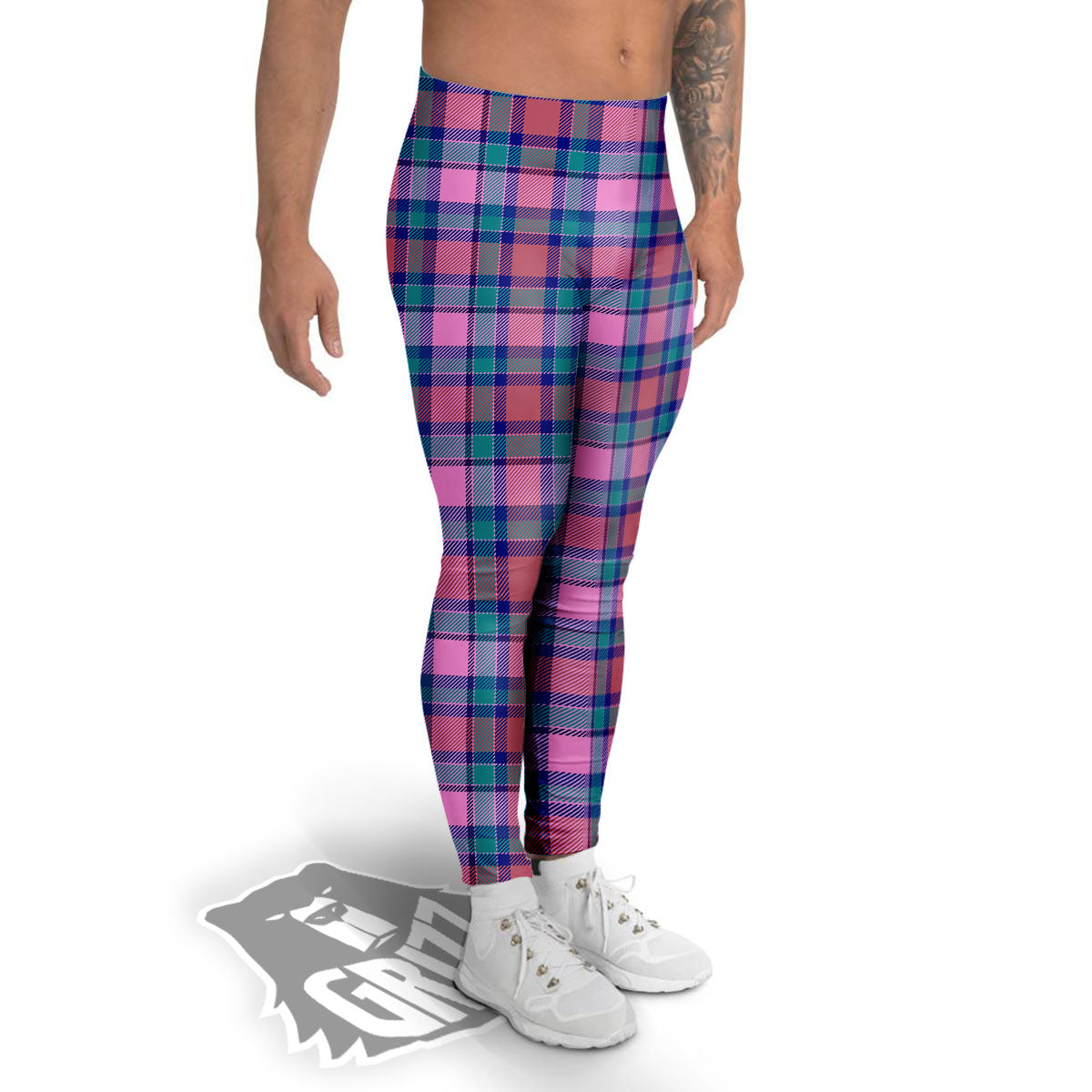 Blue Green And Pink Tartan Print Pattern Men's Leggings-grizzshop