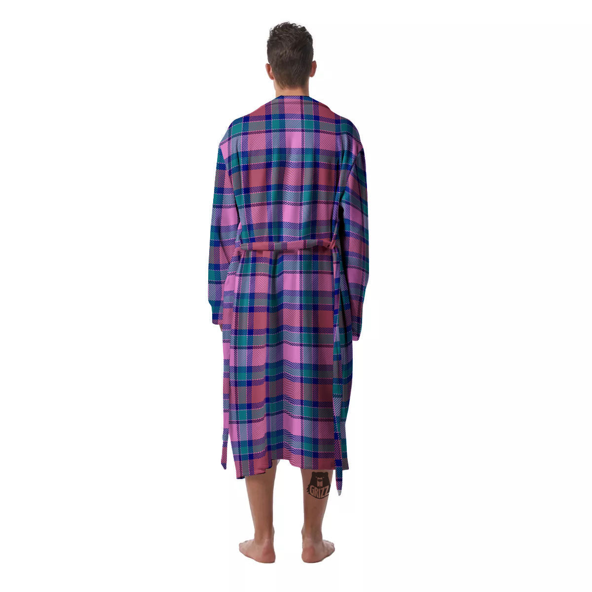 Blue Green And Pink Tartan Print Pattern Men's Robe-grizzshop