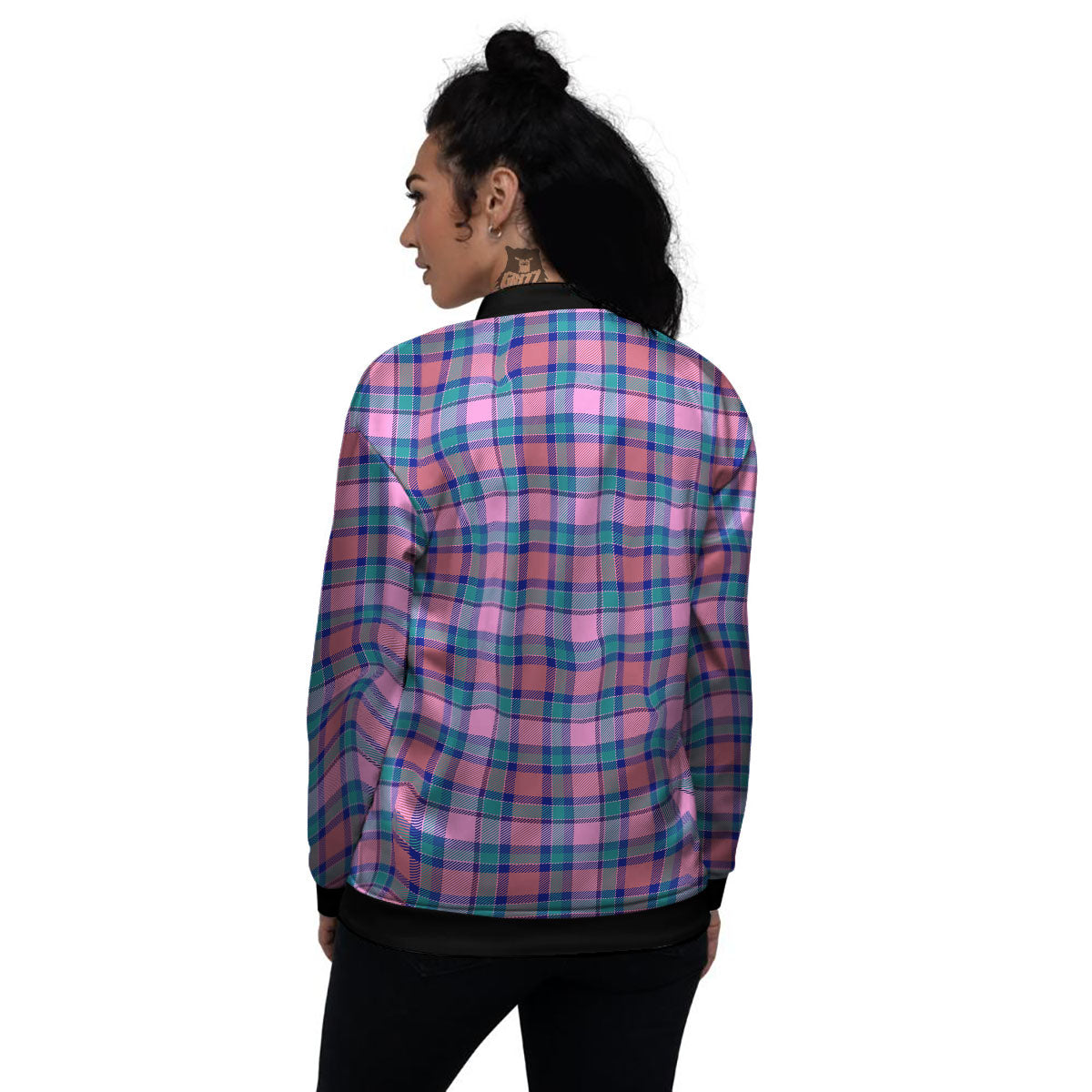 Blue Green And Pink Tartan Print Pattern Women's Bomber Jacket-grizzshop