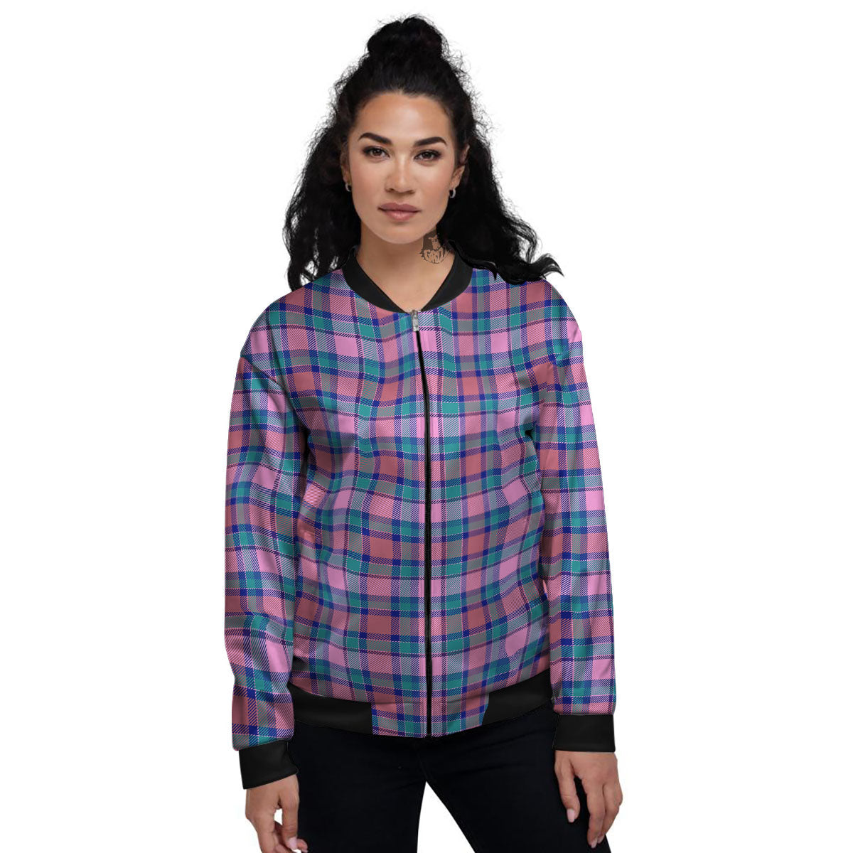 Blue Green And Pink Tartan Print Pattern Women's Bomber Jacket-grizzshop
