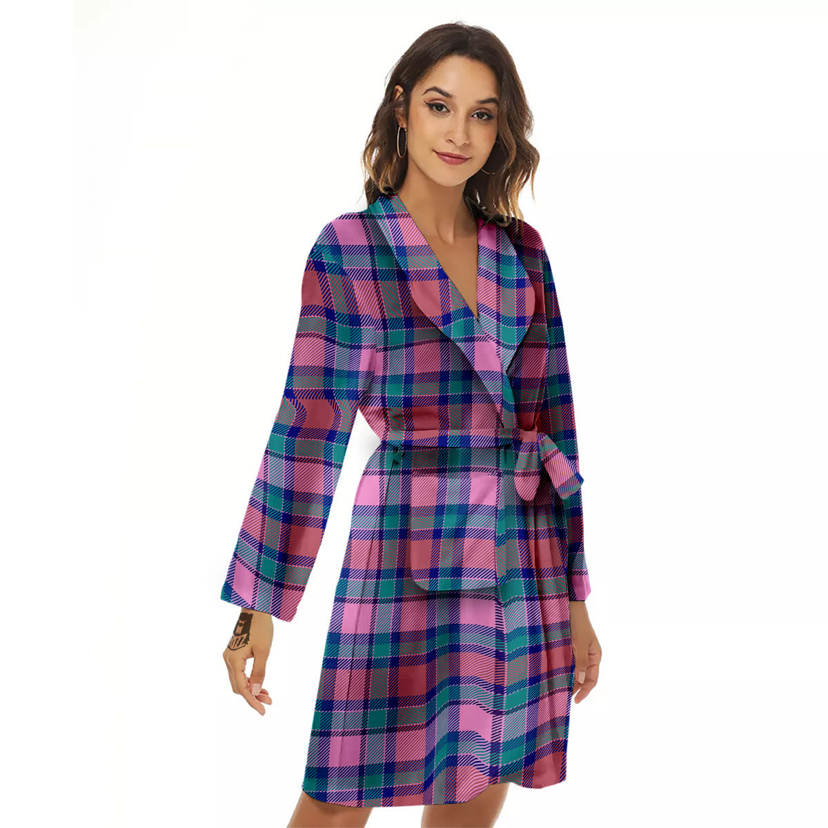 Blue Green And Pink Tartan Print Pattern Women's Robe-grizzshop