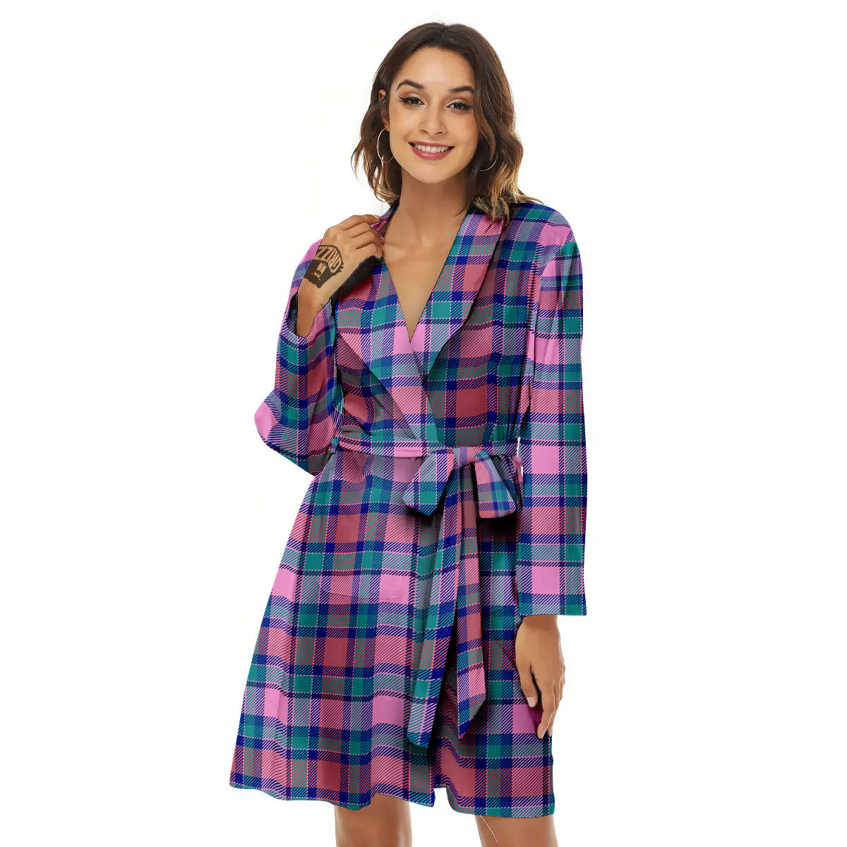 Blue Green And Pink Tartan Print Pattern Women's Robe-grizzshop