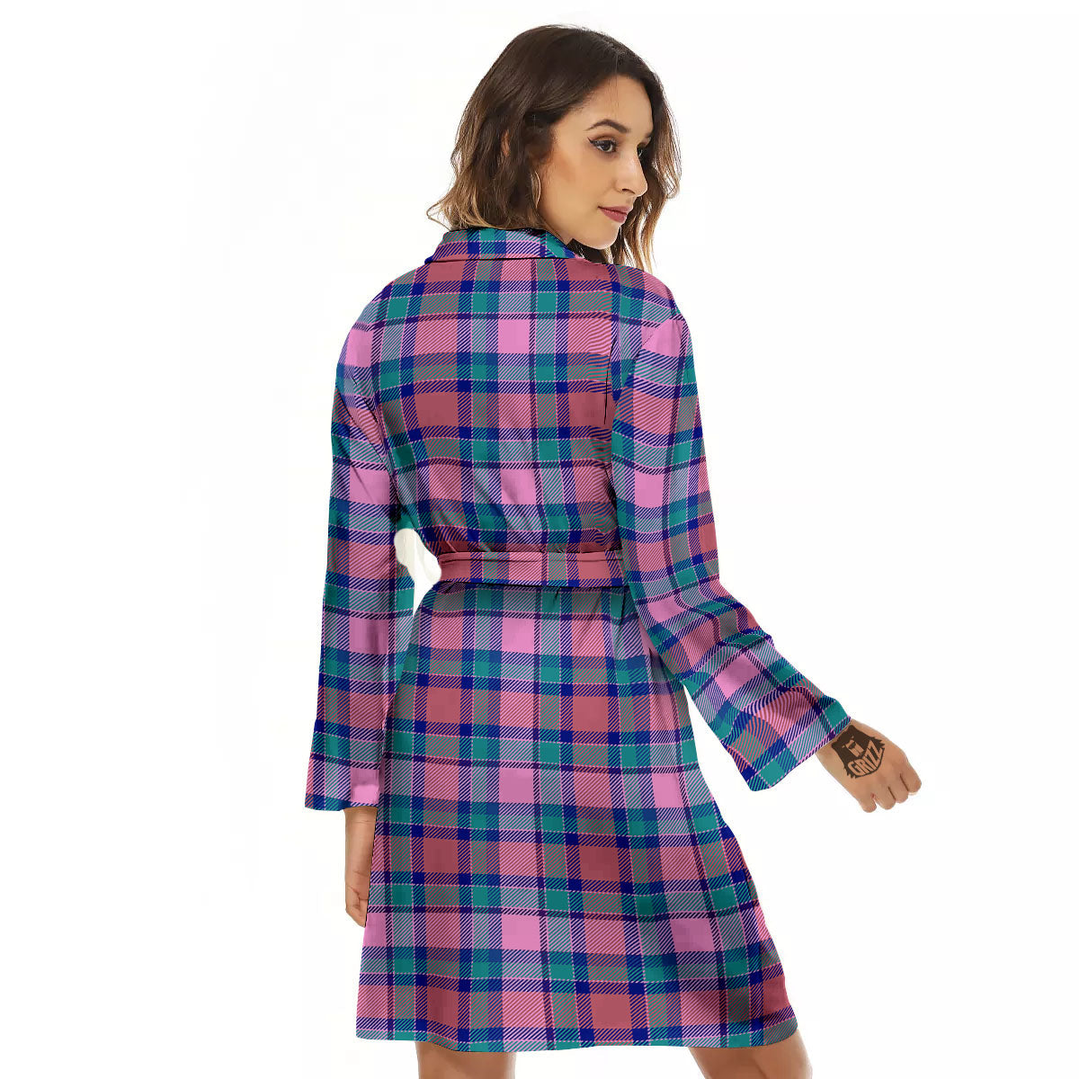 Blue Green And Pink Tartan Print Pattern Women's Robe-grizzshop