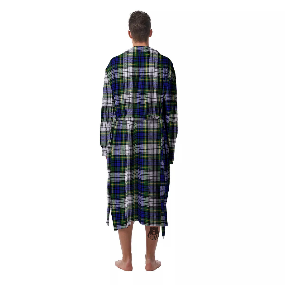 Blue Green And White Plaid Print Pattern Men's Robe-grizzshop