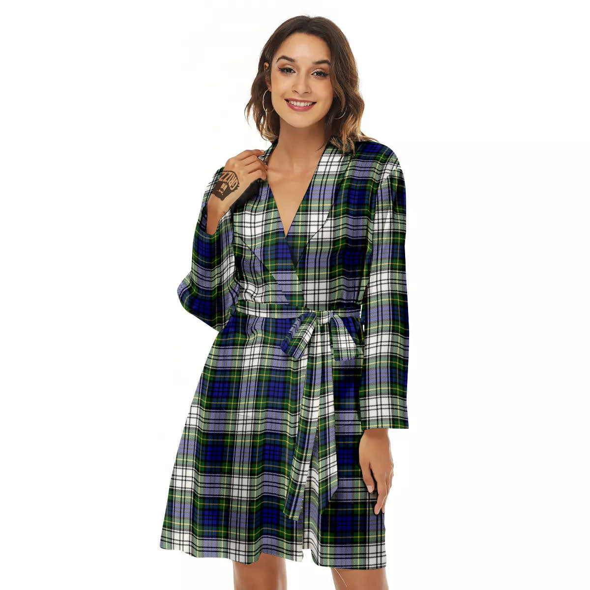 Blue Green And White Plaid Print Pattern Women's Robe-grizzshop