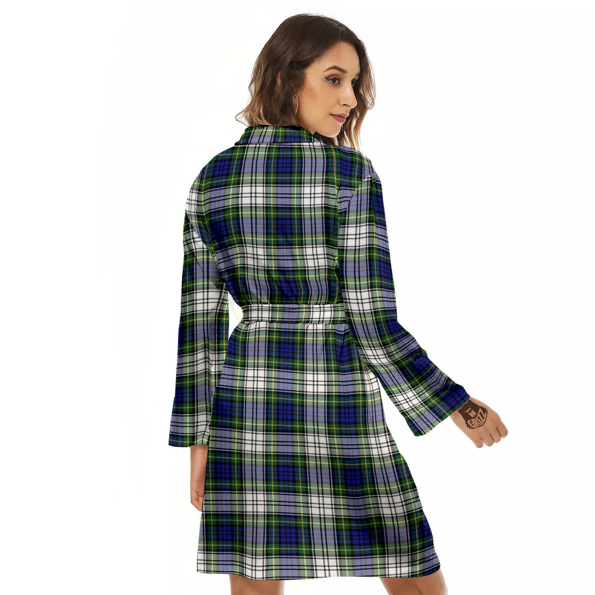 Blue Green And White Plaid Print Pattern Women's Robe-grizzshop