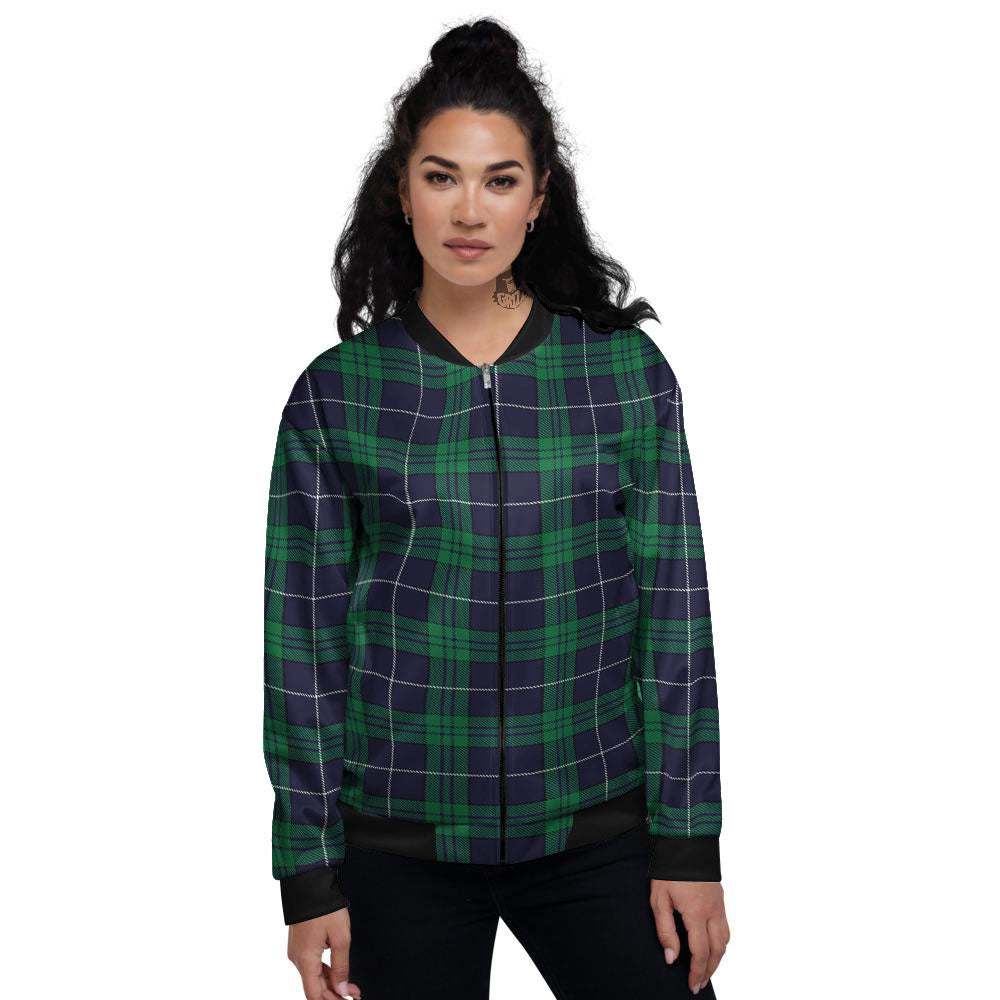 Blue Green And White Tartan Print Women's Bomber Jacket-grizzshop