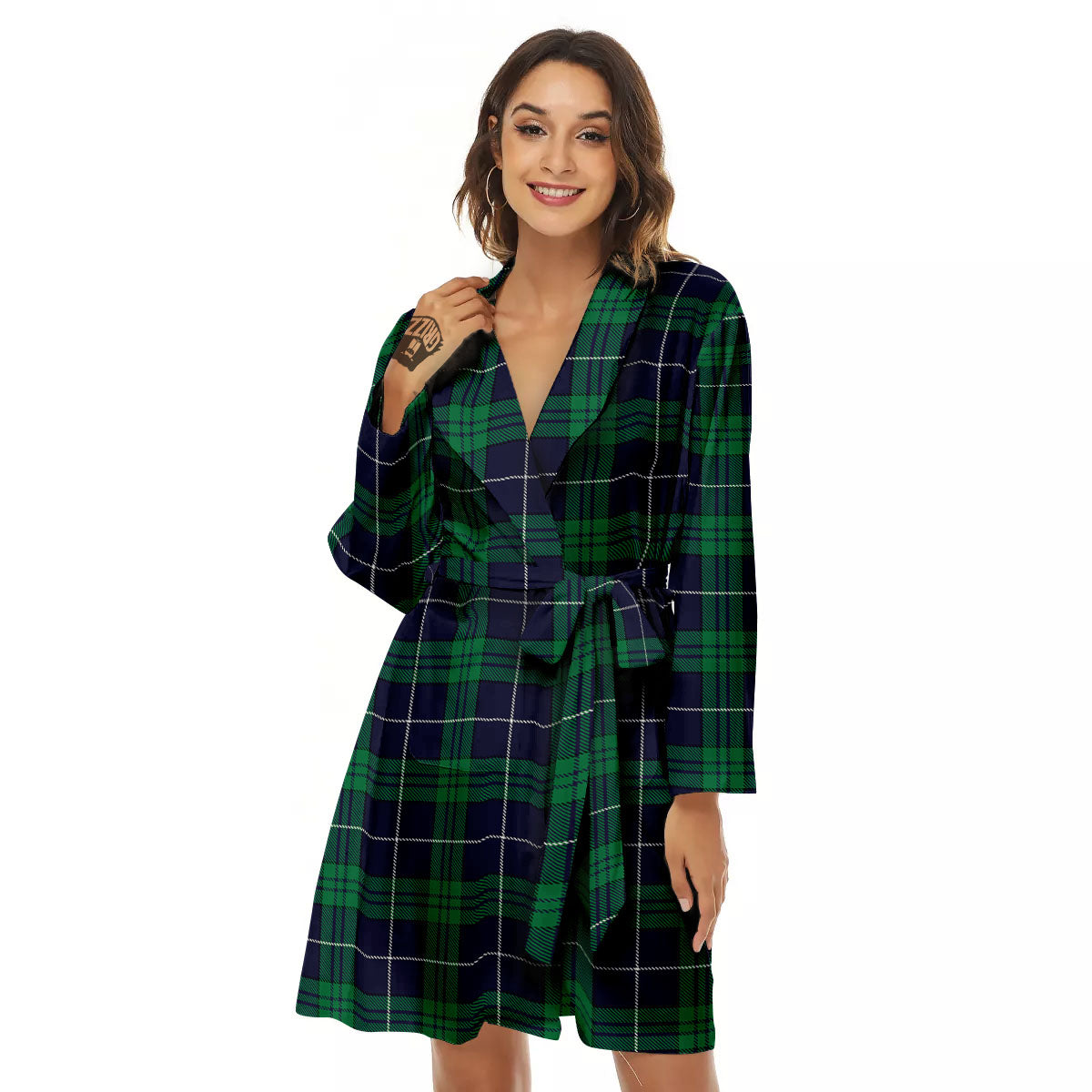 Blue Green And White Tartan Print Women's Robe-grizzshop