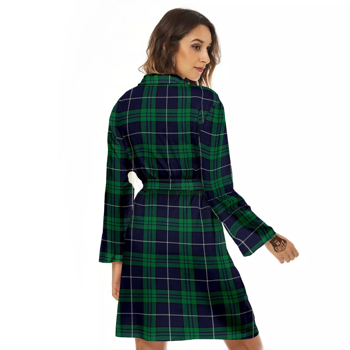Blue Green And White Tartan Print Women's Robe-grizzshop
