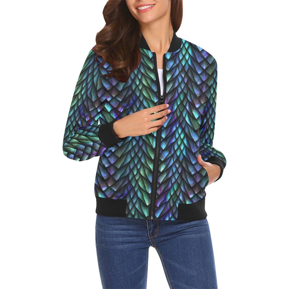 Blue Green Egg Skin Dragon Pattern Print Women Casual Bomber Jacket-grizzshop