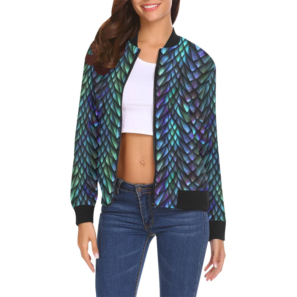 Blue Green Egg Skin Dragon Pattern Print Women Casual Bomber Jacket-grizzshop