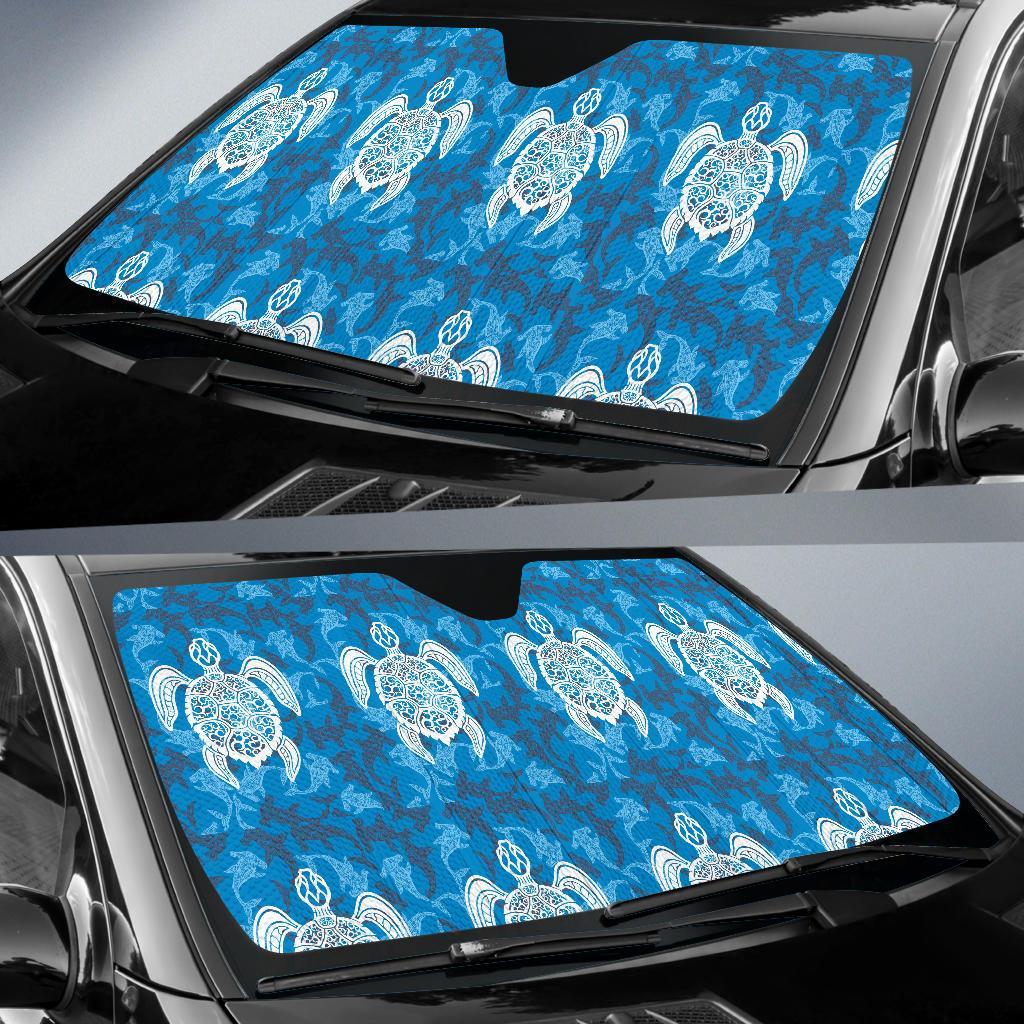 Blue Hawaiian Shark Sea Turtle Pattern Print Car Sun Shade-grizzshop