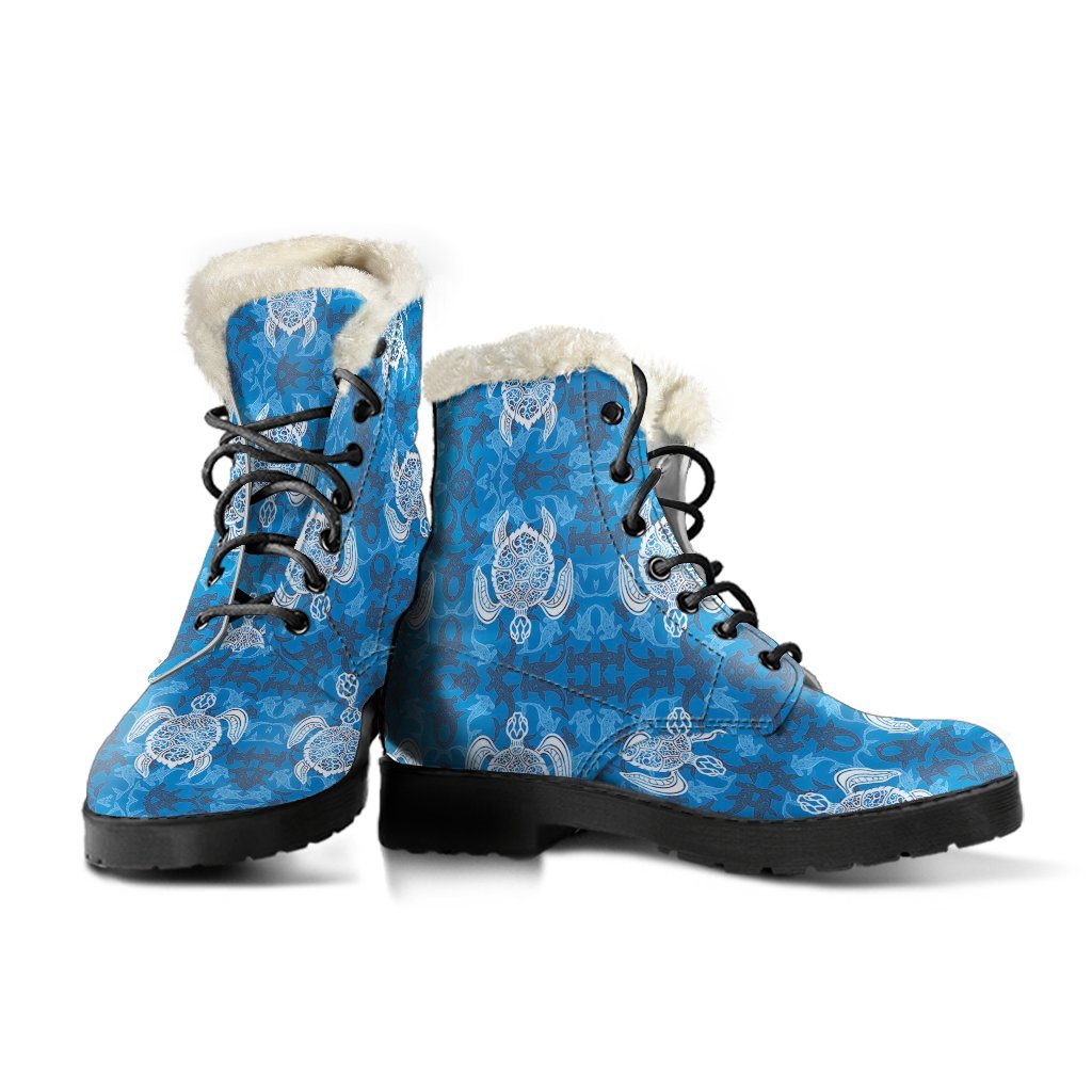 Blue Hawaiian Shark Sea Turtle Pattern Print Comfy Winter Boots-grizzshop