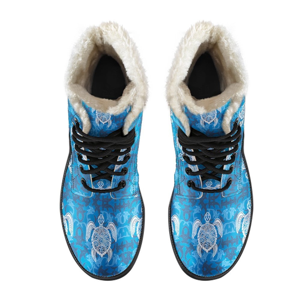 Blue Hawaiian Shark Sea Turtle Pattern Print Comfy Winter Boots-grizzshop