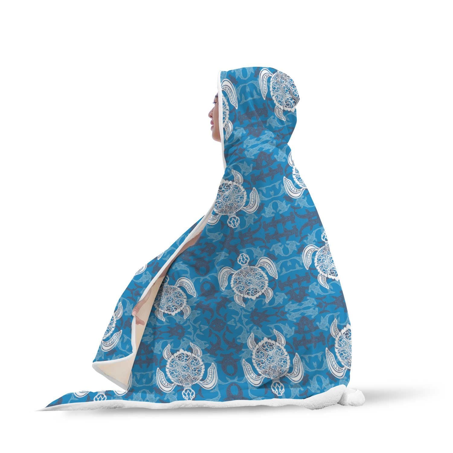 Blue Hawaiian Shark Sea Turtle Pattern Print Hooded Blanket-grizzshop