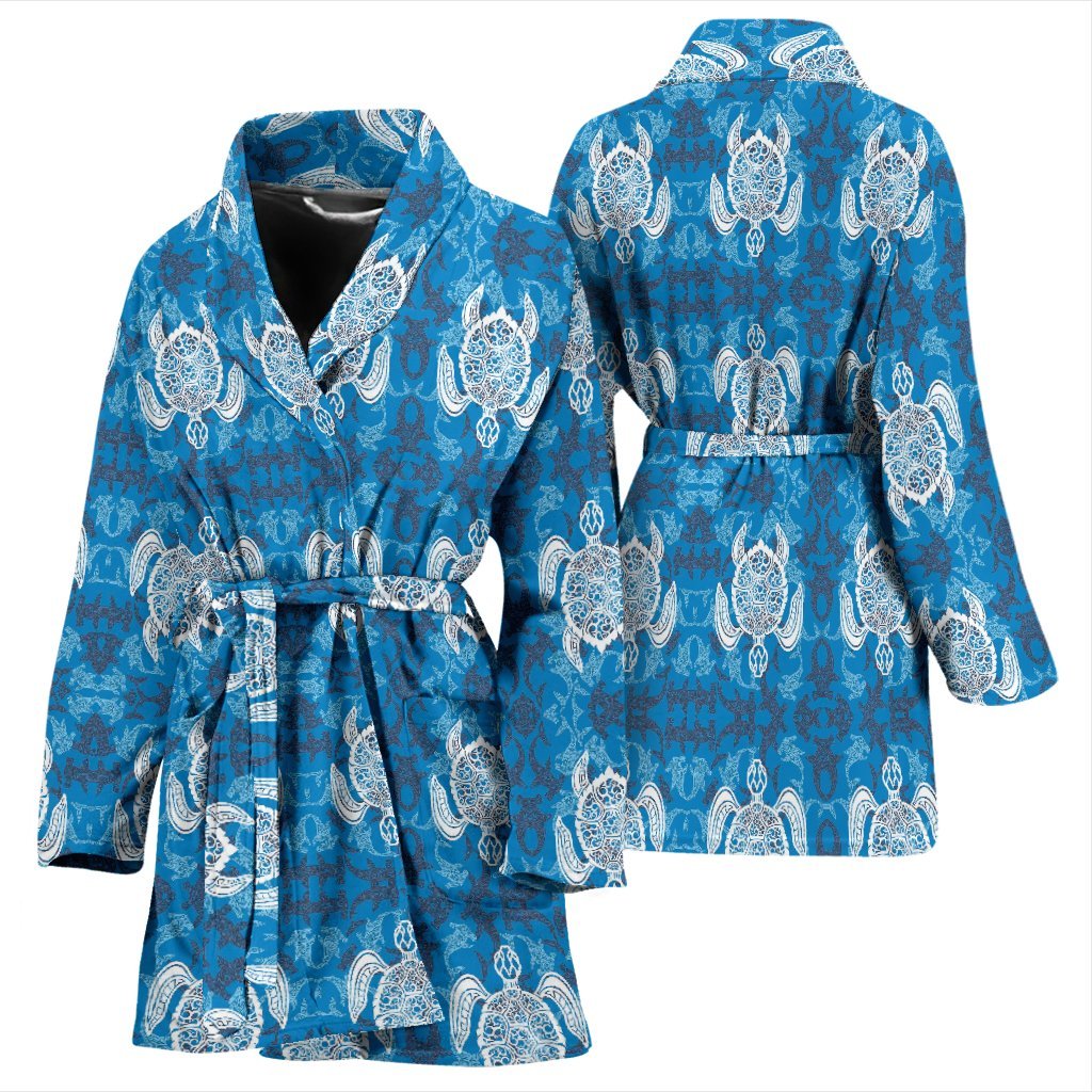 Blue Hawaiian Shark Sea Turtle Pattern Print Women Long Robe-grizzshop