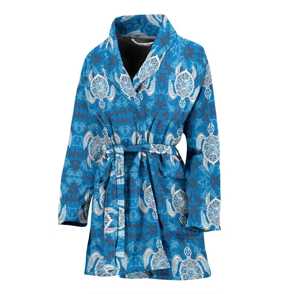 Blue Hawaiian Shark Sea Turtle Pattern Print Women Long Robe-grizzshop