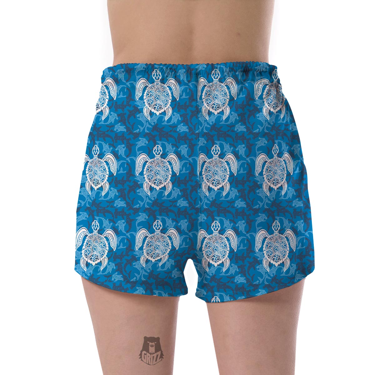 Blue Hawaiian Shark Sea Turtle Pattern Print Women's Shorts-grizzshop