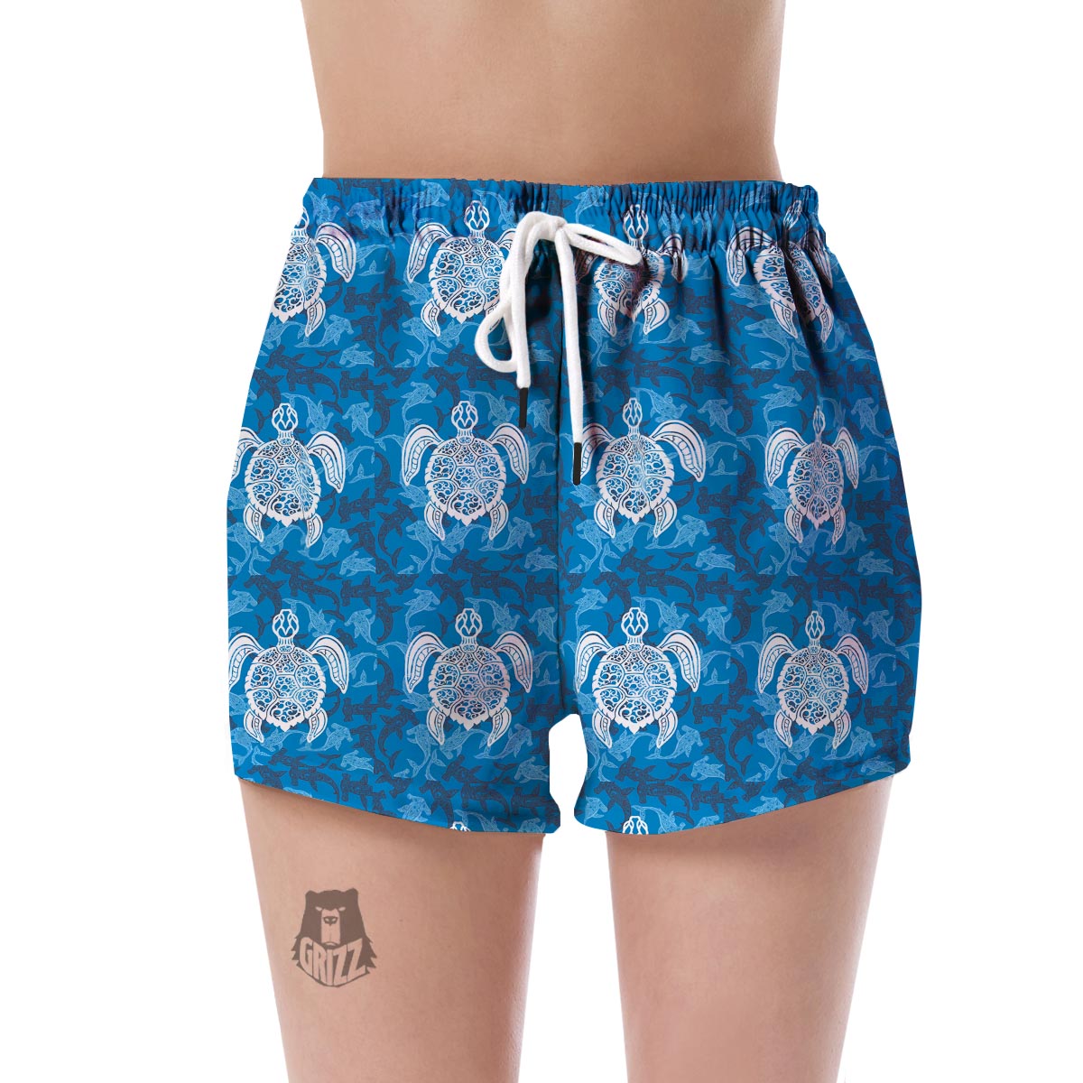 Blue Hawaiian Shark Sea Turtle Pattern Print Women's Shorts-grizzshop