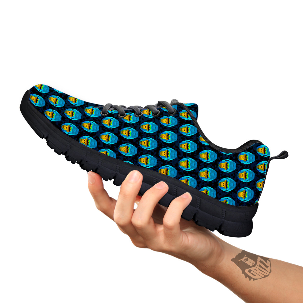Blue Head Gorilla Geometric Triangle Print Pattern Black Sneaker-grizzshop