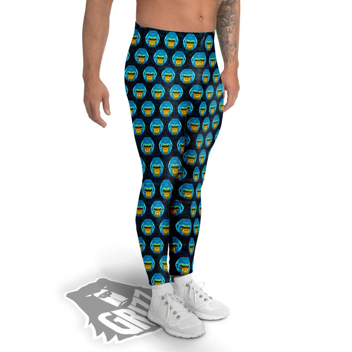 Blue Head Gorilla Geometric Triangle Print Pattern Men's Leggings-grizzshop