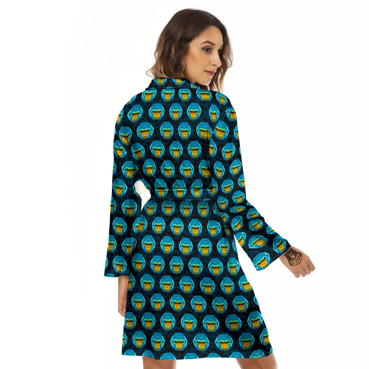 Blue Head Gorilla Geometric Triangle Print Pattern Women's Robe-grizzshop