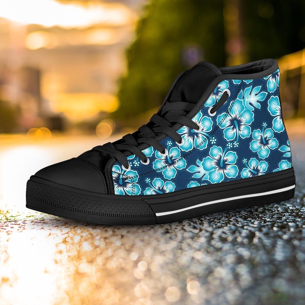 Blue Hibiscus Hawaiian Print Women's High Top Shoes-grizzshop